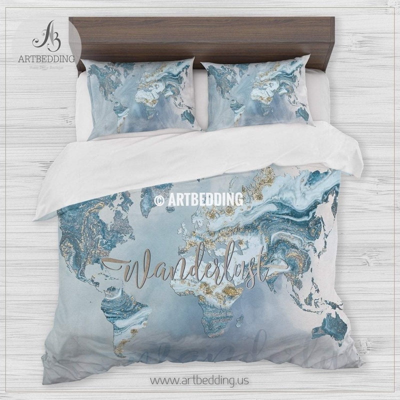 Wanderlust Blue And Gold Marble Summer Vibes World Map CL25100585MDB Bedding Sets