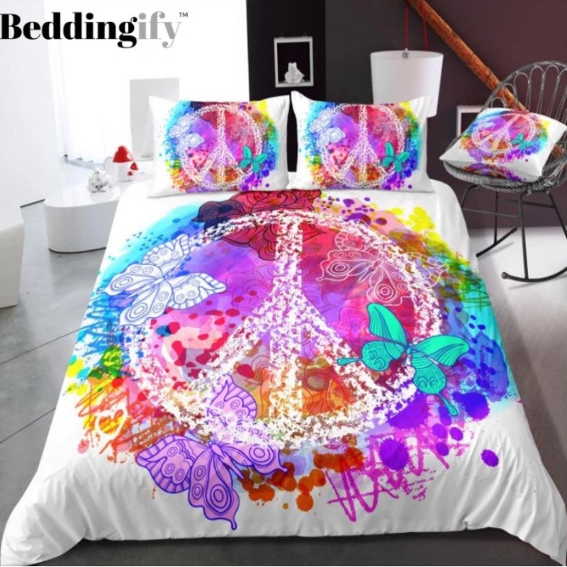 White Butterflies Peace And Love Symbol CLH1510246B Bedding Sets