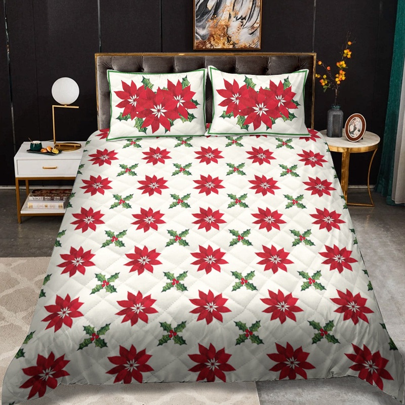 Poinsettia And Holly Christmas CLH2110122B Quilt Bedding Set