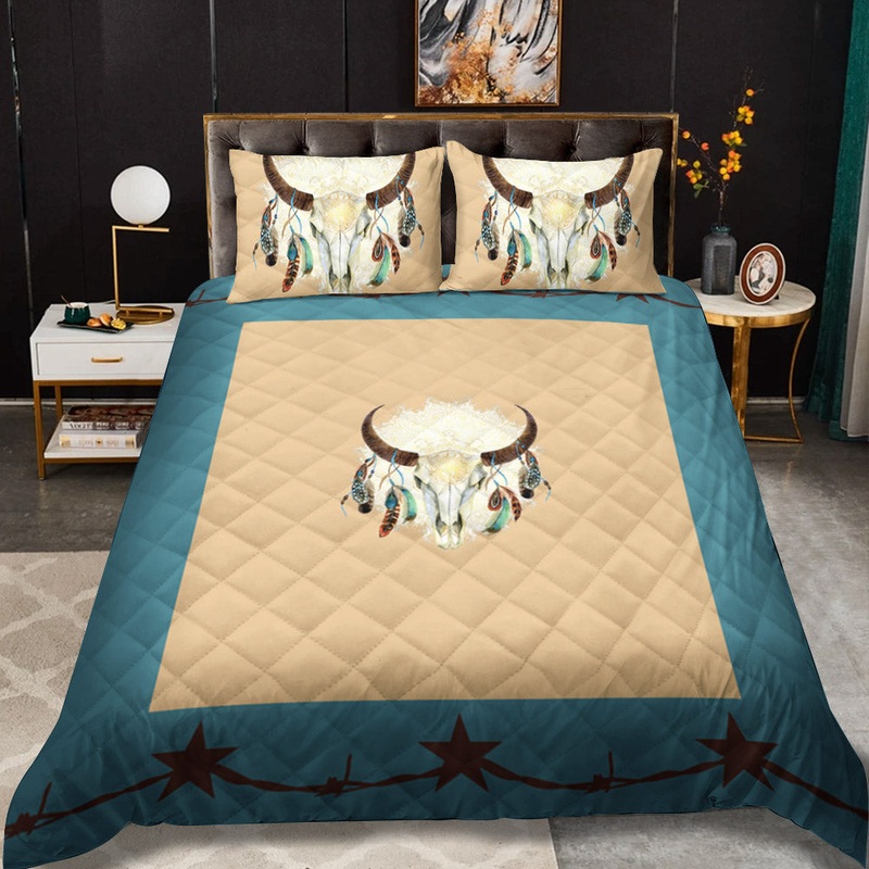 Rustic Turquoise Cow Skull Longhorn CLM2110443B Quilt Bedding Set