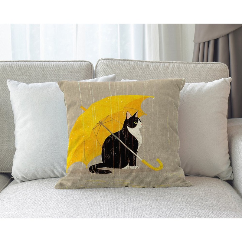 Black Cat With Yellow Umbrella In The Rain CLH0611011P Throw Pillow Covers