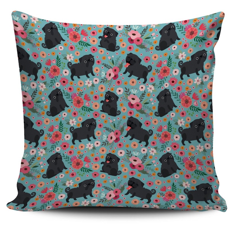 Black Pug Flower CLP0111015P Throw Pillow Covers