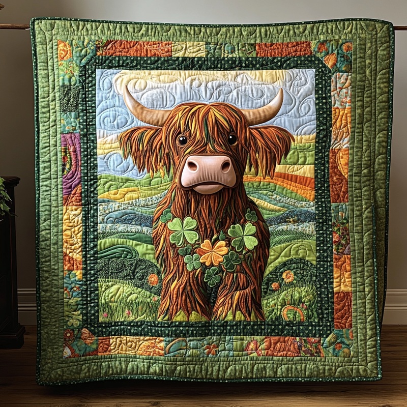 St Patrick's Day Highland Cow DAI090125110 Quilt Blanket
