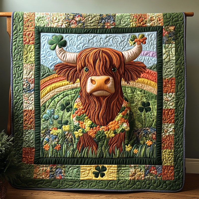 St Patrick's Day Highland Cow DAI090125111 Quilt Blanket